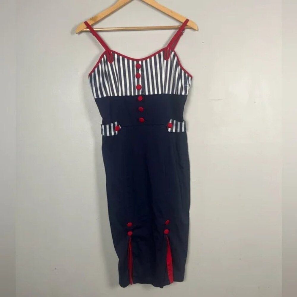 🎀Voodoo Vixen Sailor Dress Rockabilly Blue & Red pinup wiggle nautical retro S - Picture 5 of 8